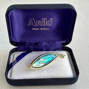 Ariki Paua Shell Leaf Brooch 22K Gold Plated Made In New Zealand NIB
